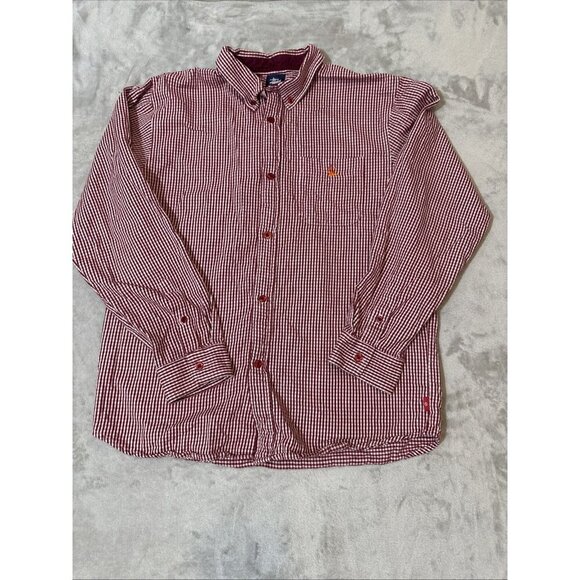 Men’s Stussy Button Up Flannel Shirt Red White Size Medium - Picture 4 of 11
